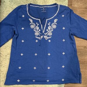 Talbots Royal Blue Blouse with White Embroidery